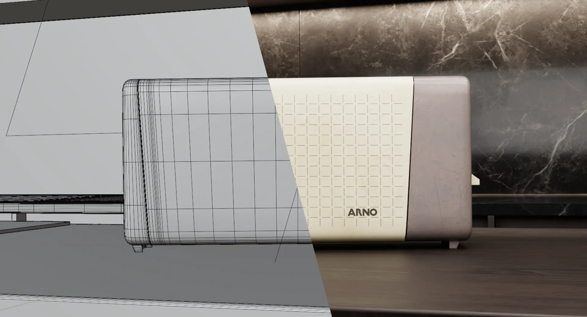 Comparação entre wireframe e render da torradeira
