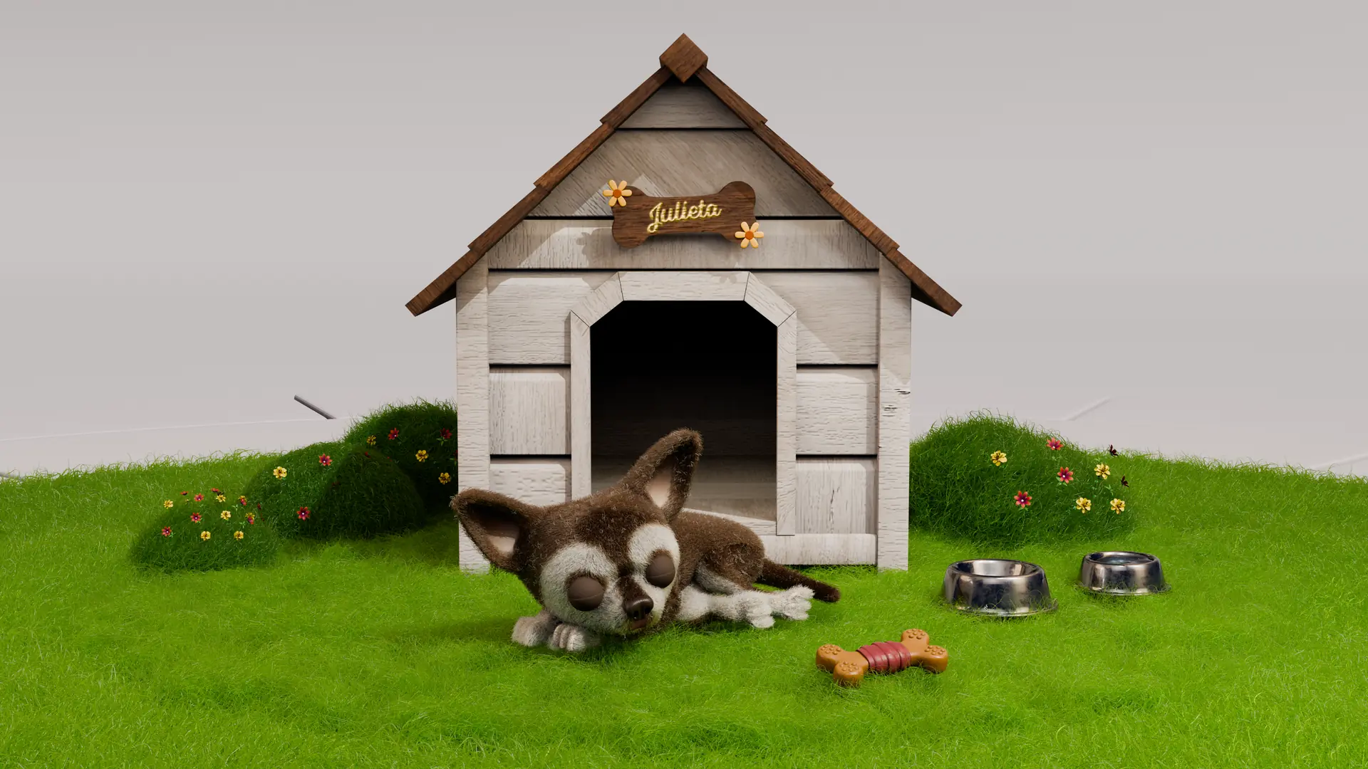 Casinha de madeira com a chihuahua deitada na grama