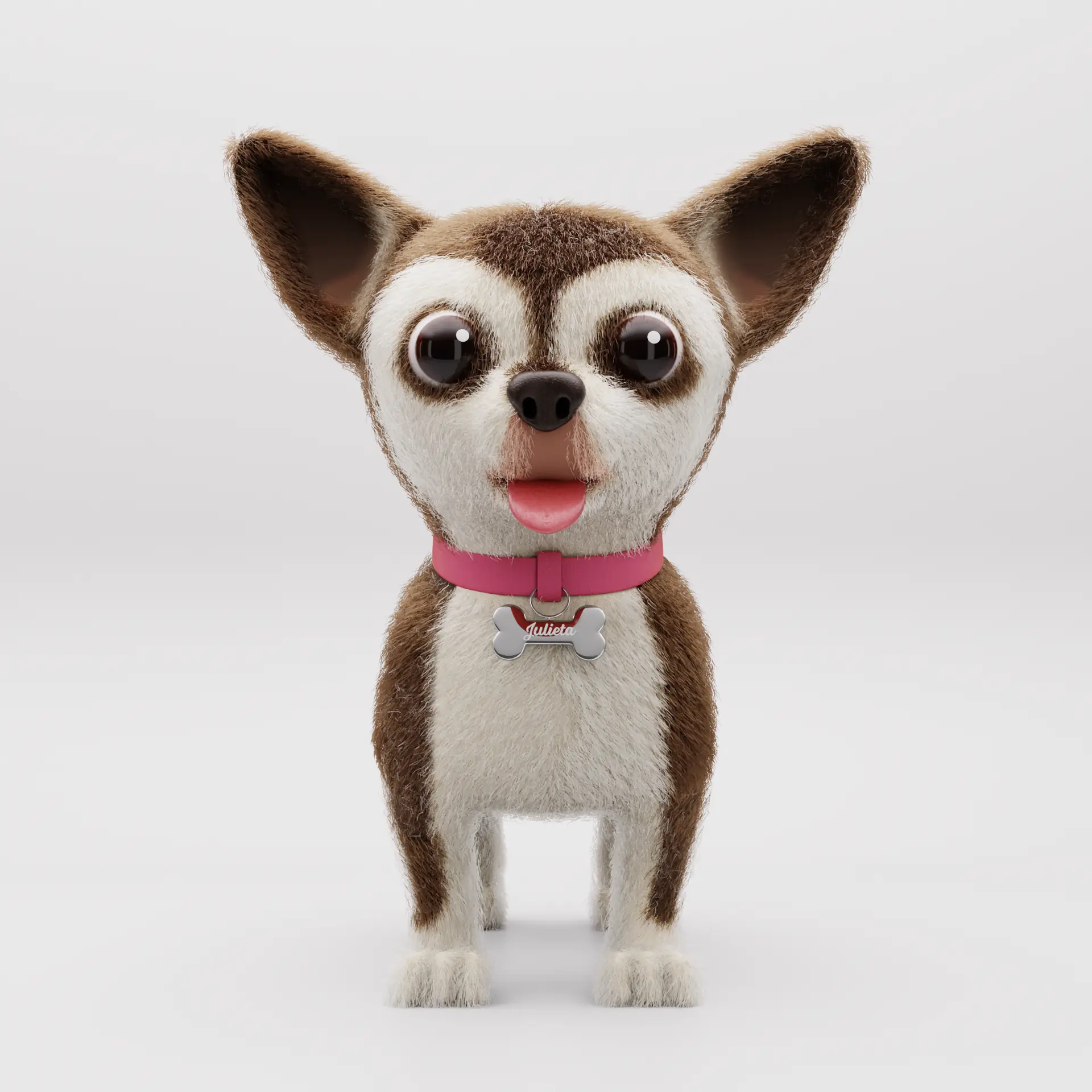 Chihuahua 3D de frente mostrando o groom da pelagem