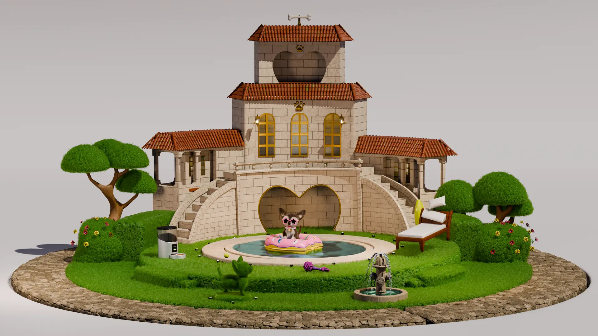 Mansão em miniatura 3D com piscina, jardim e a chihuahua na boia