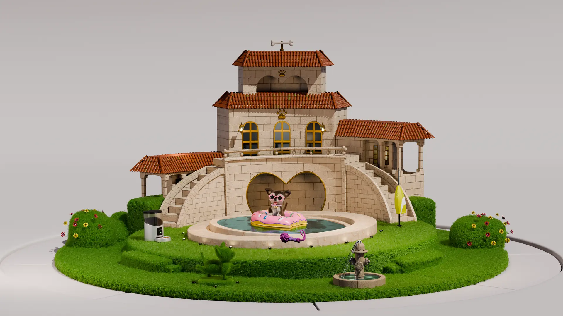 Render da mansão em miniatura com piscina