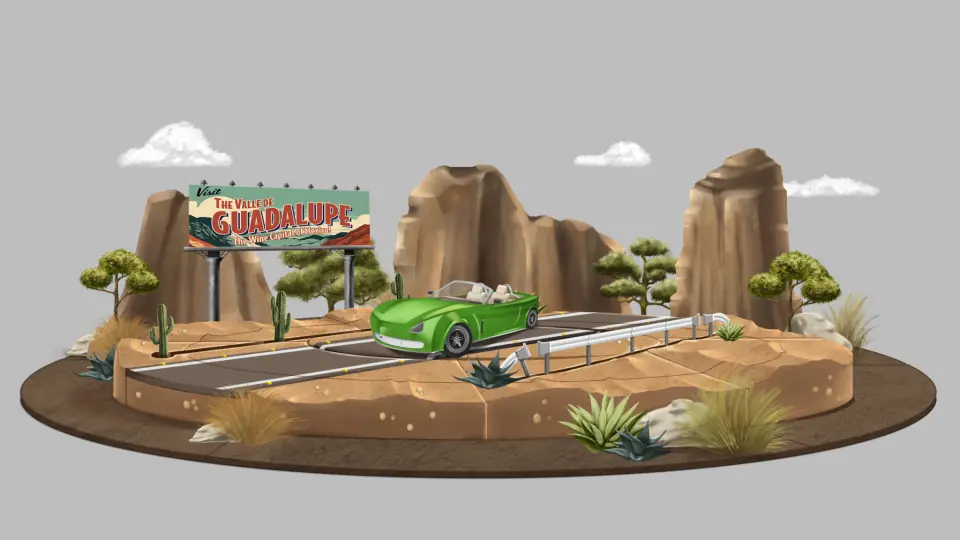 Cenário do deserto com rochas e outdoor em fundo cinza