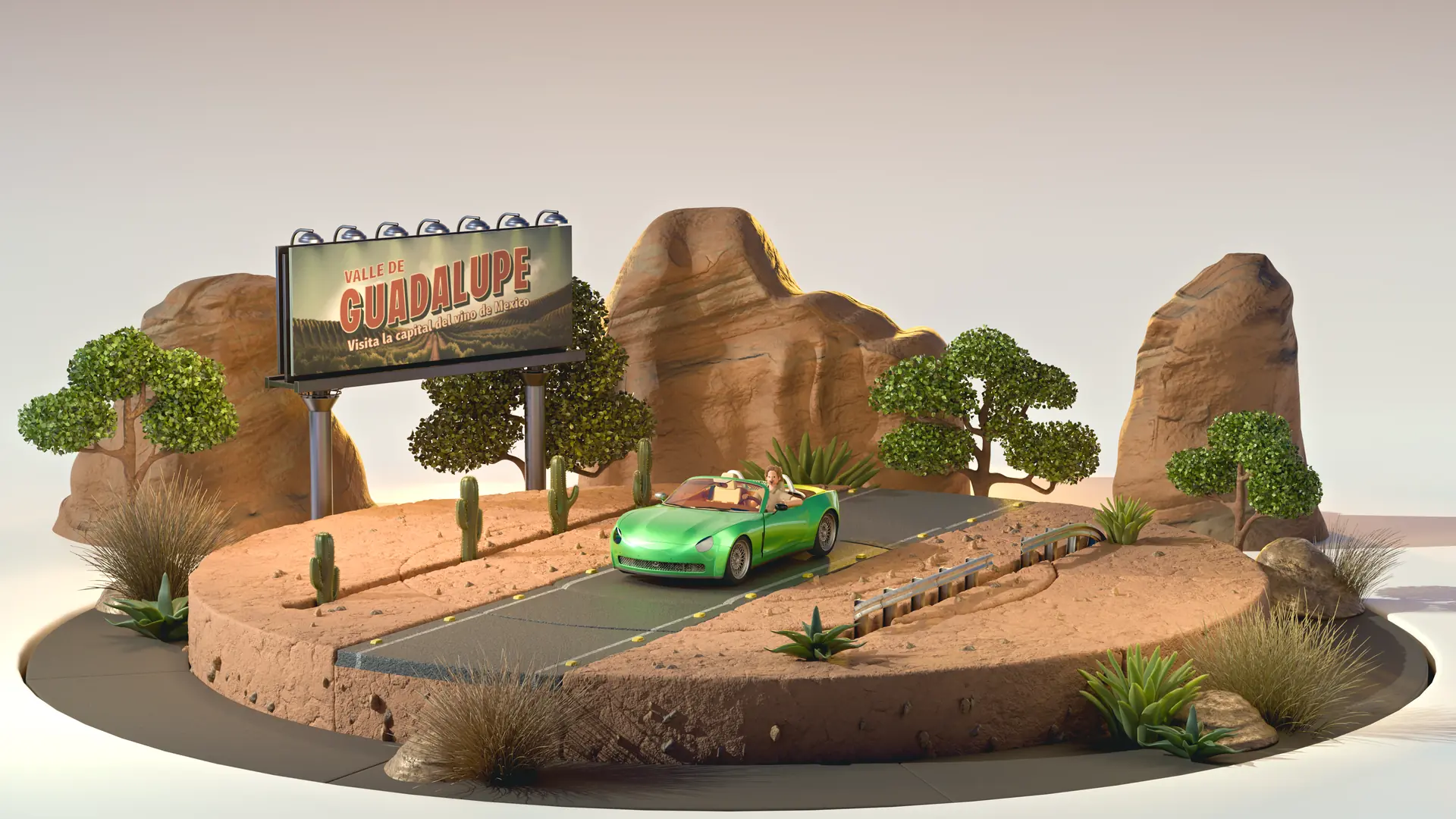 Cenário em miniatura 3D de deserto com conversível verde e outdoor