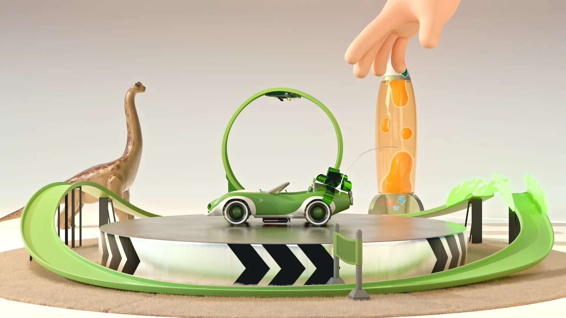 Pista de brinquedo com dinossauro e lava lamp