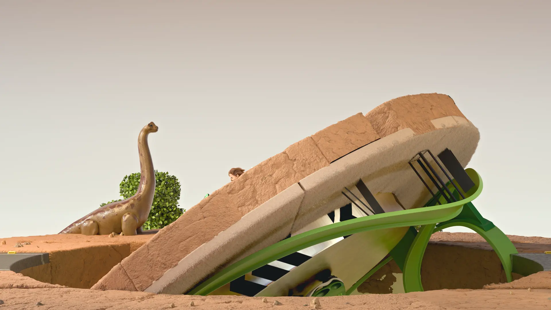 Pista verde atravessando rocha com dinossauro