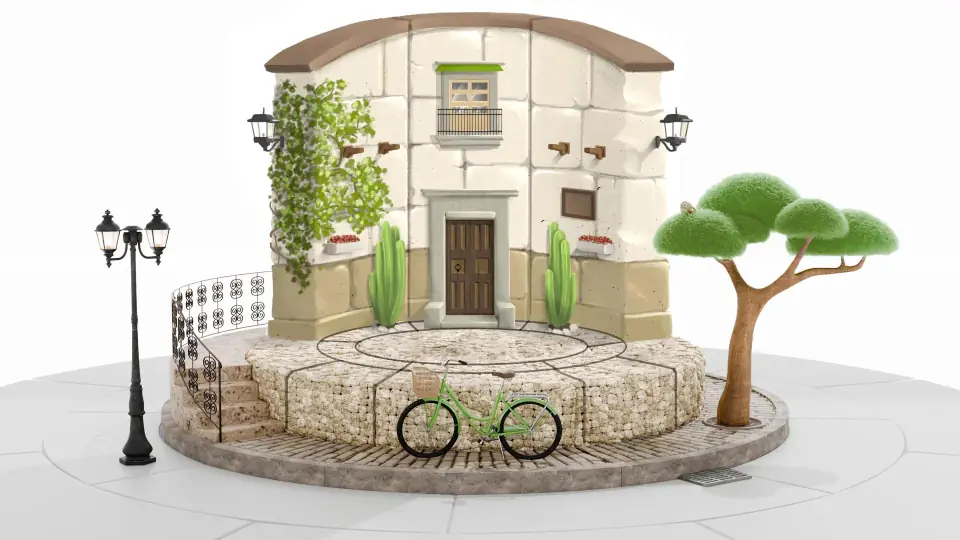 Cenário 3D de terraço com casa de pedra, árvore e bicicleta