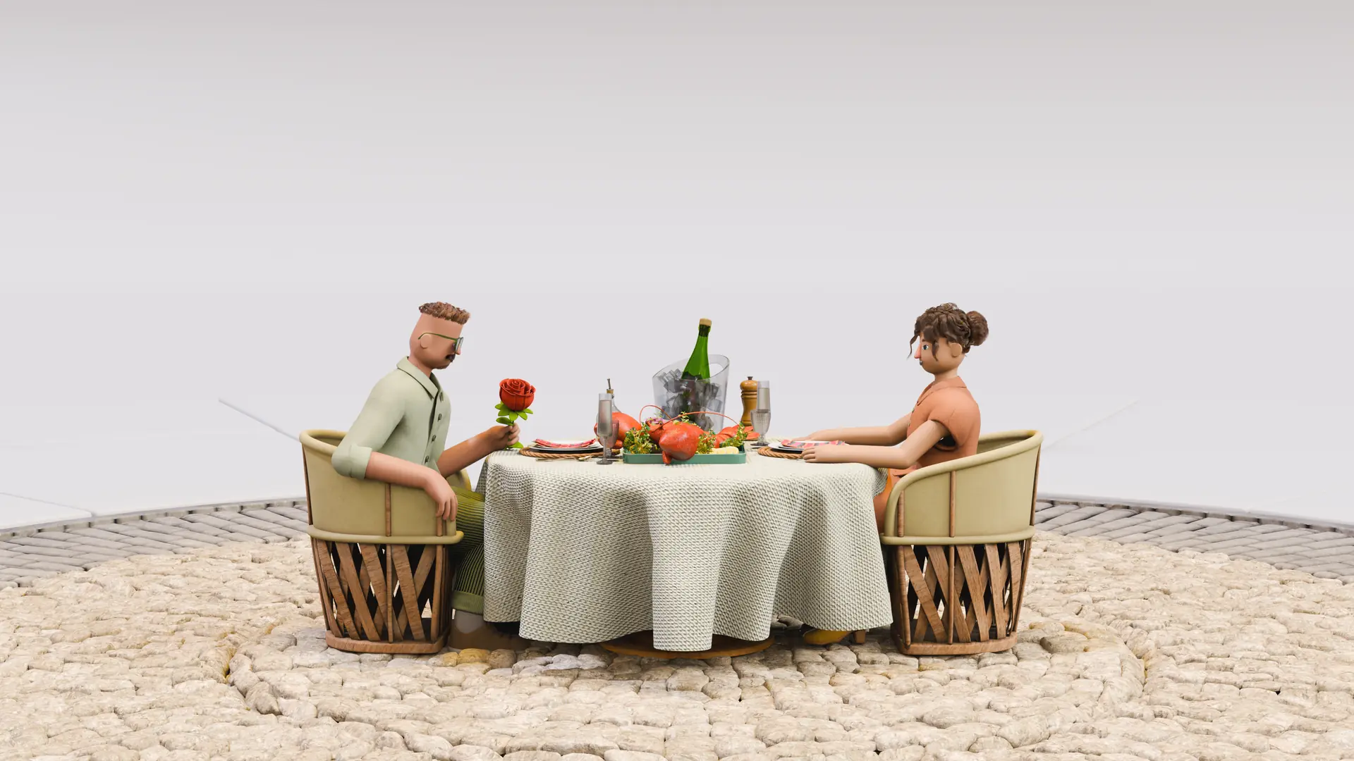 Casal jantando em mesa redonda no cenário em miniatura