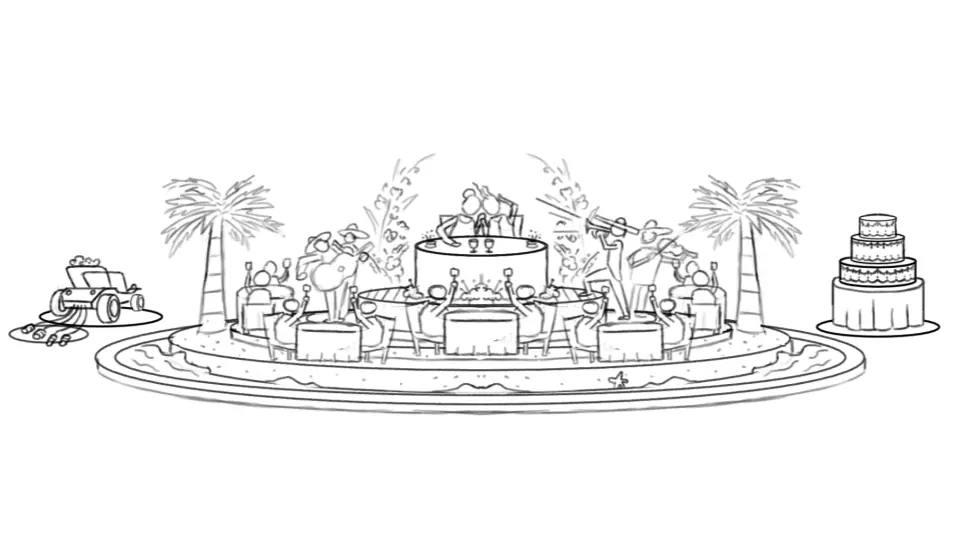 Desenho em linha do cenário do casamento na praia
