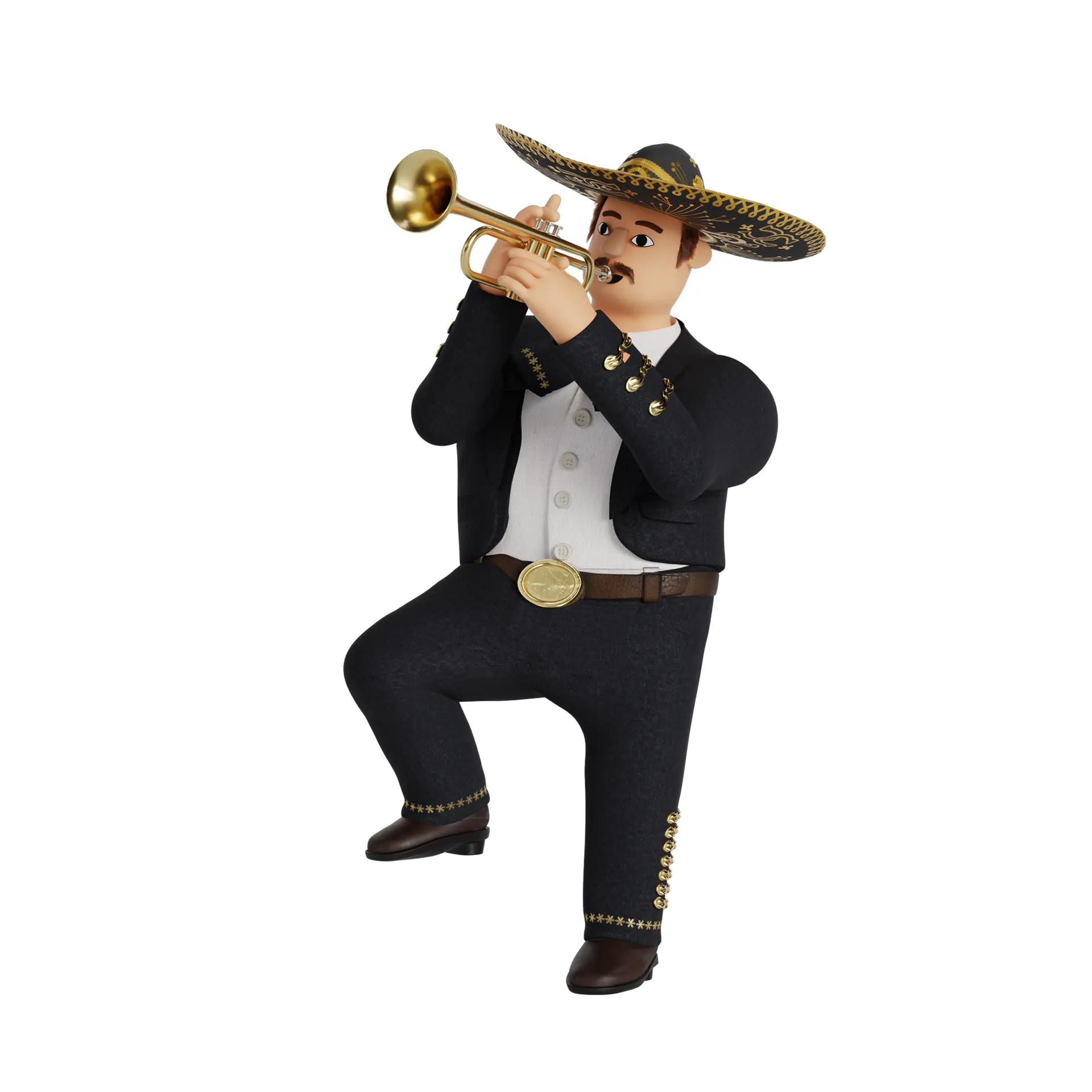 Personagem 3D de mariachi tocando trompete