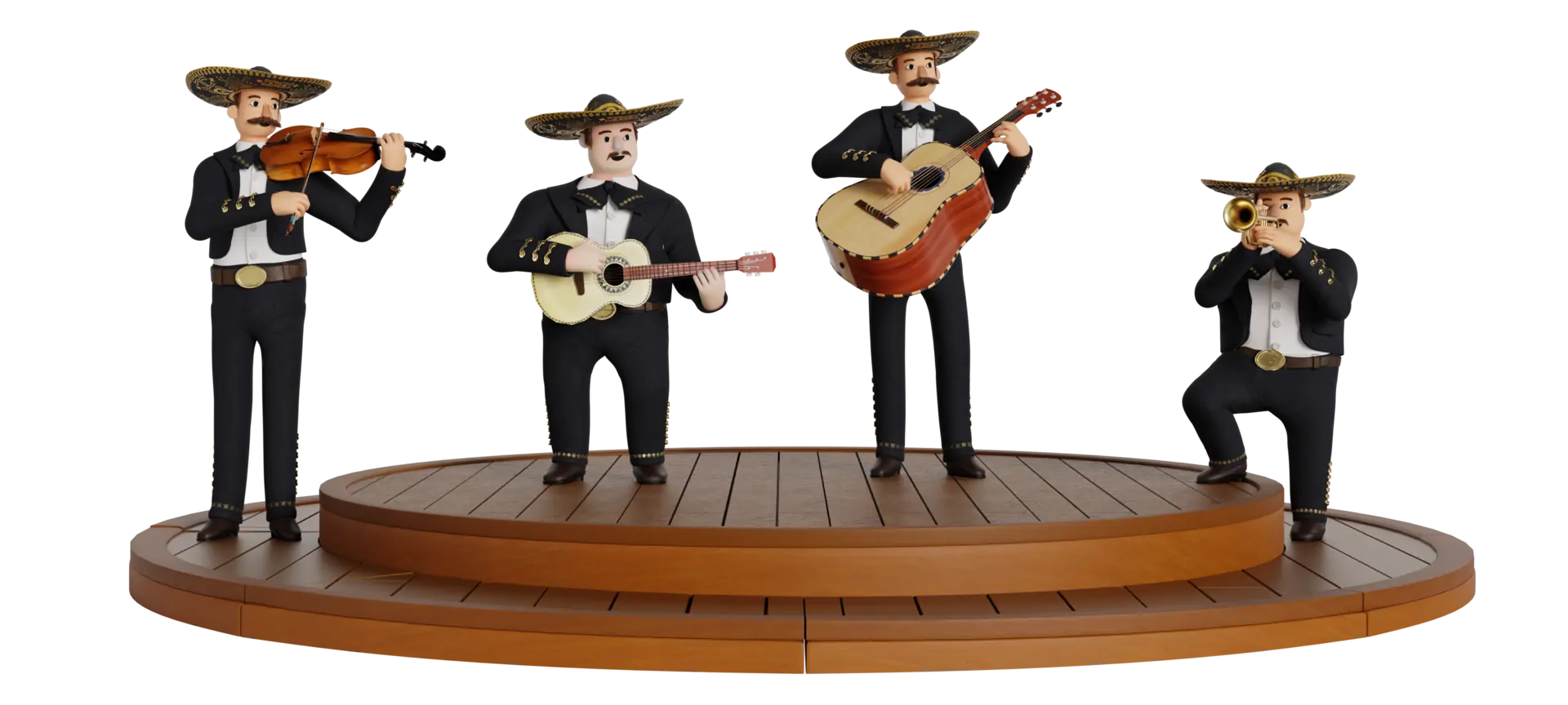 Quatro mariachis em 3D tocando sobre um palco redondo de madeira