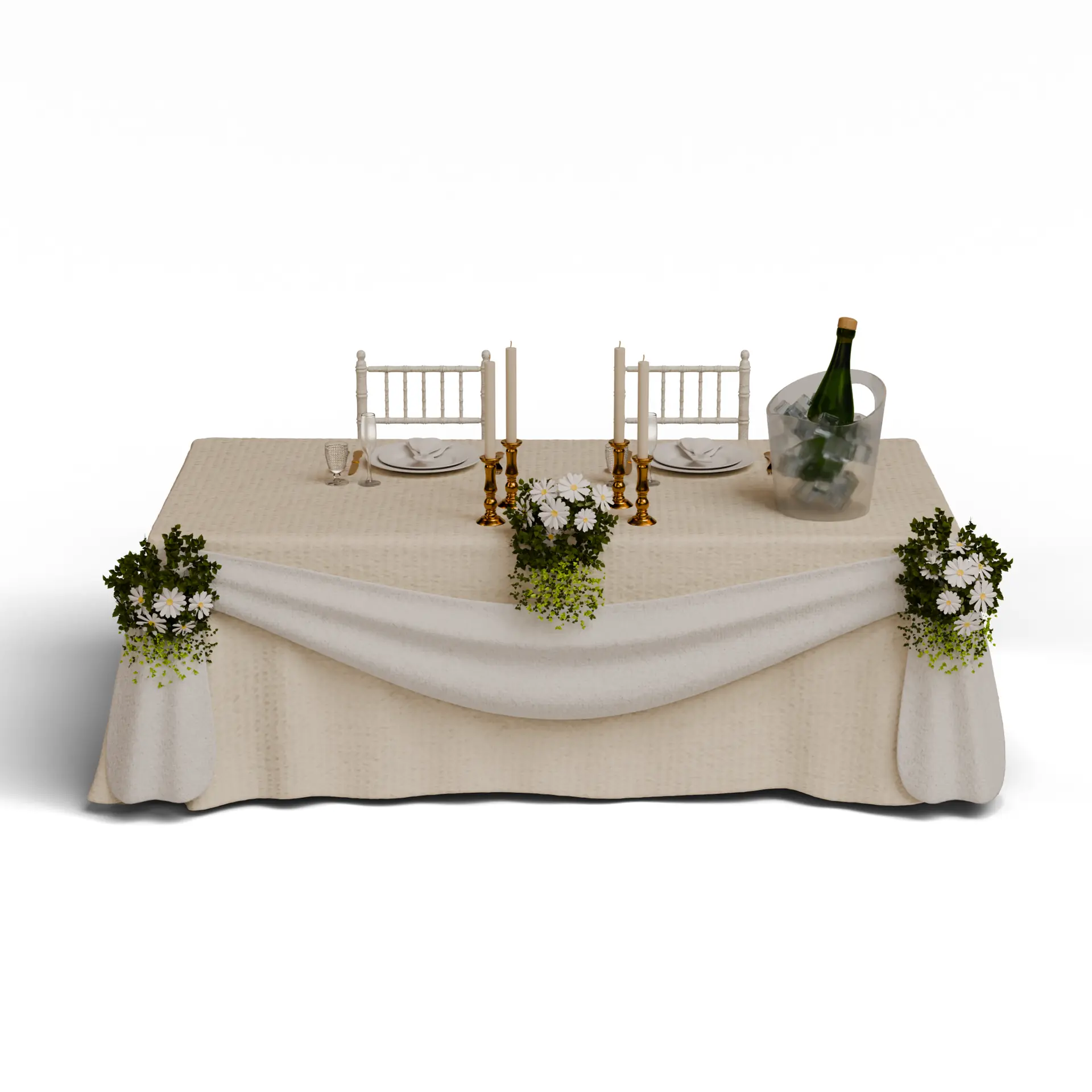 Mesa dos noivos com toalha branca, flores e champanhe