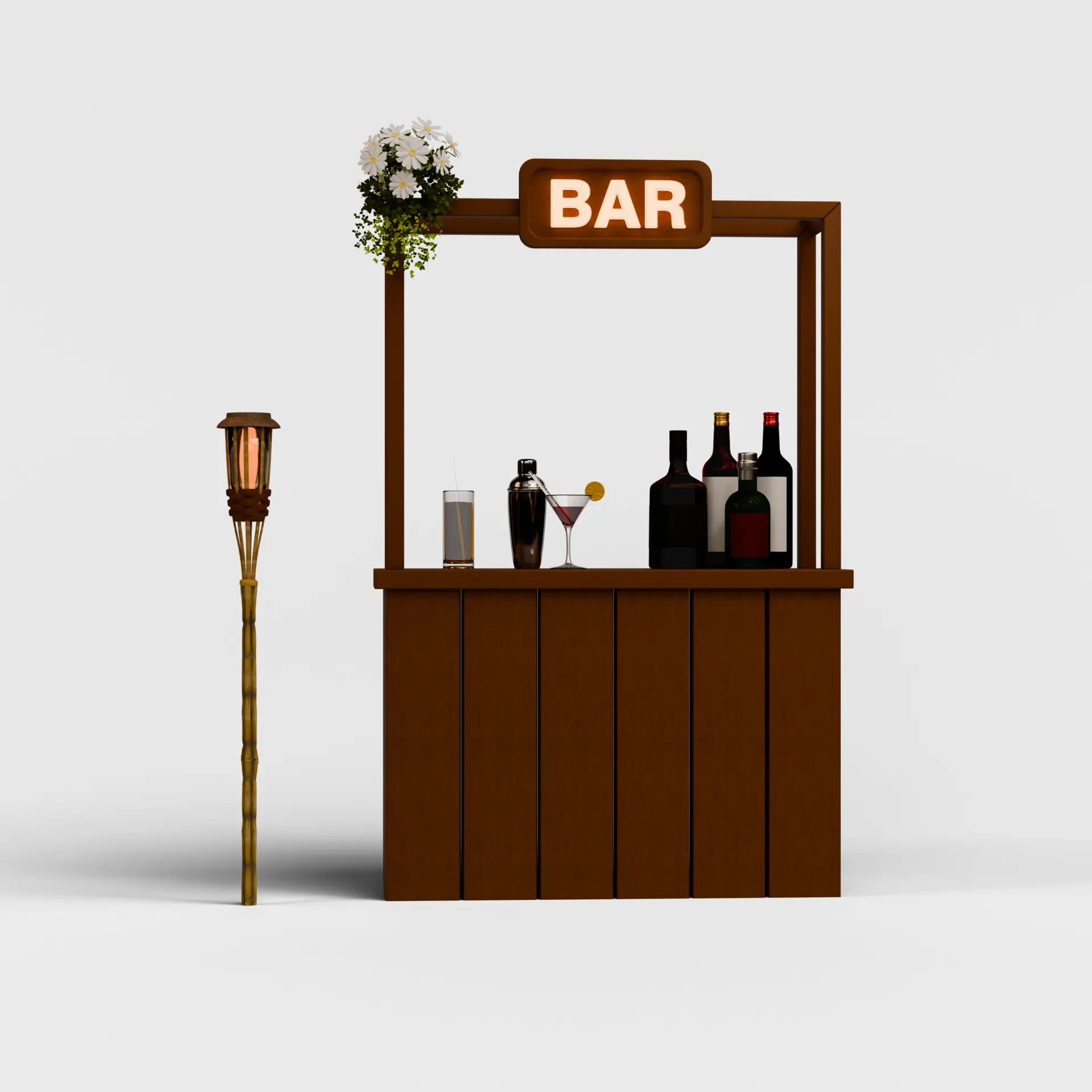 Prop 3D de bar de praia com garrafas e tocha