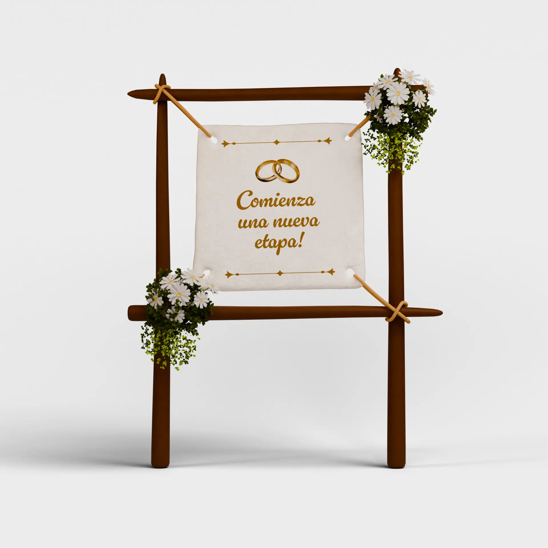 Placa de casamento com flores e a frase Comienza una nueva etapa