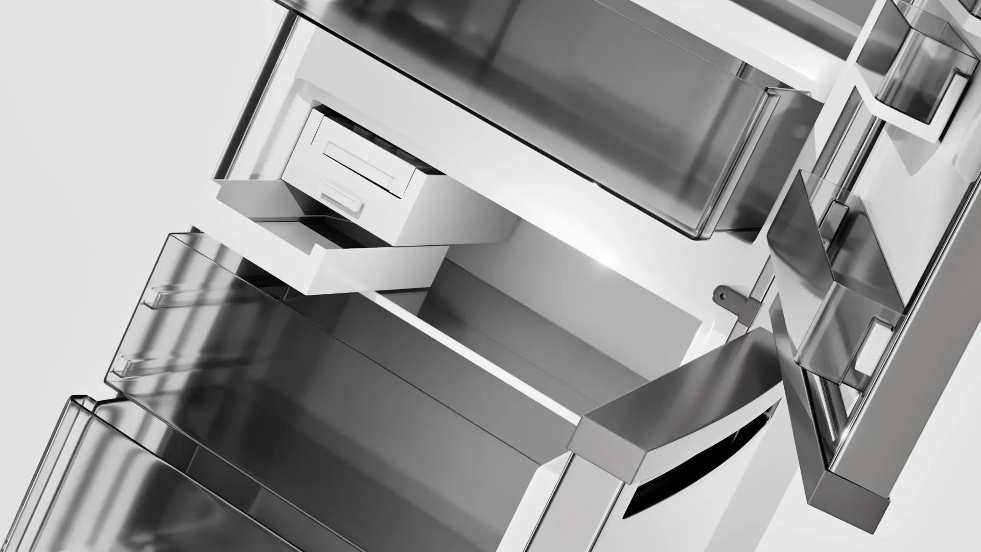 Close-up of the acrylic and steel drawers and shelves inside the refrigerator
