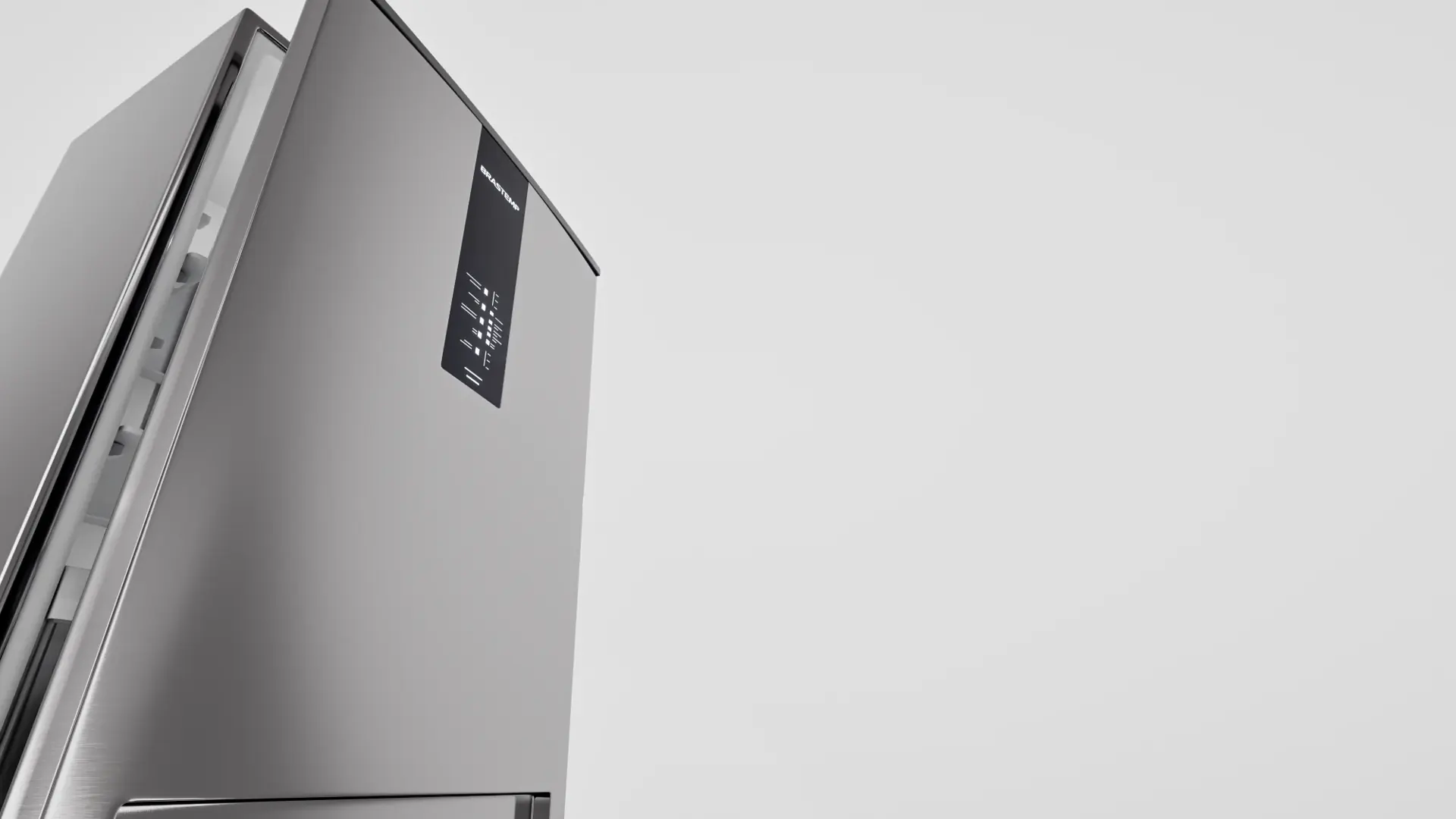 Low-angle view of the stainless steel door with the Brastemp digital panel