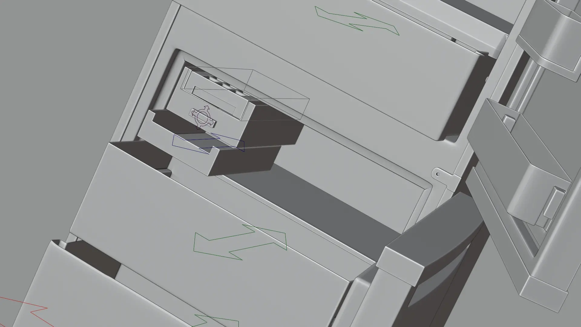 Close-up of the drawer and door rig controls in the viewport