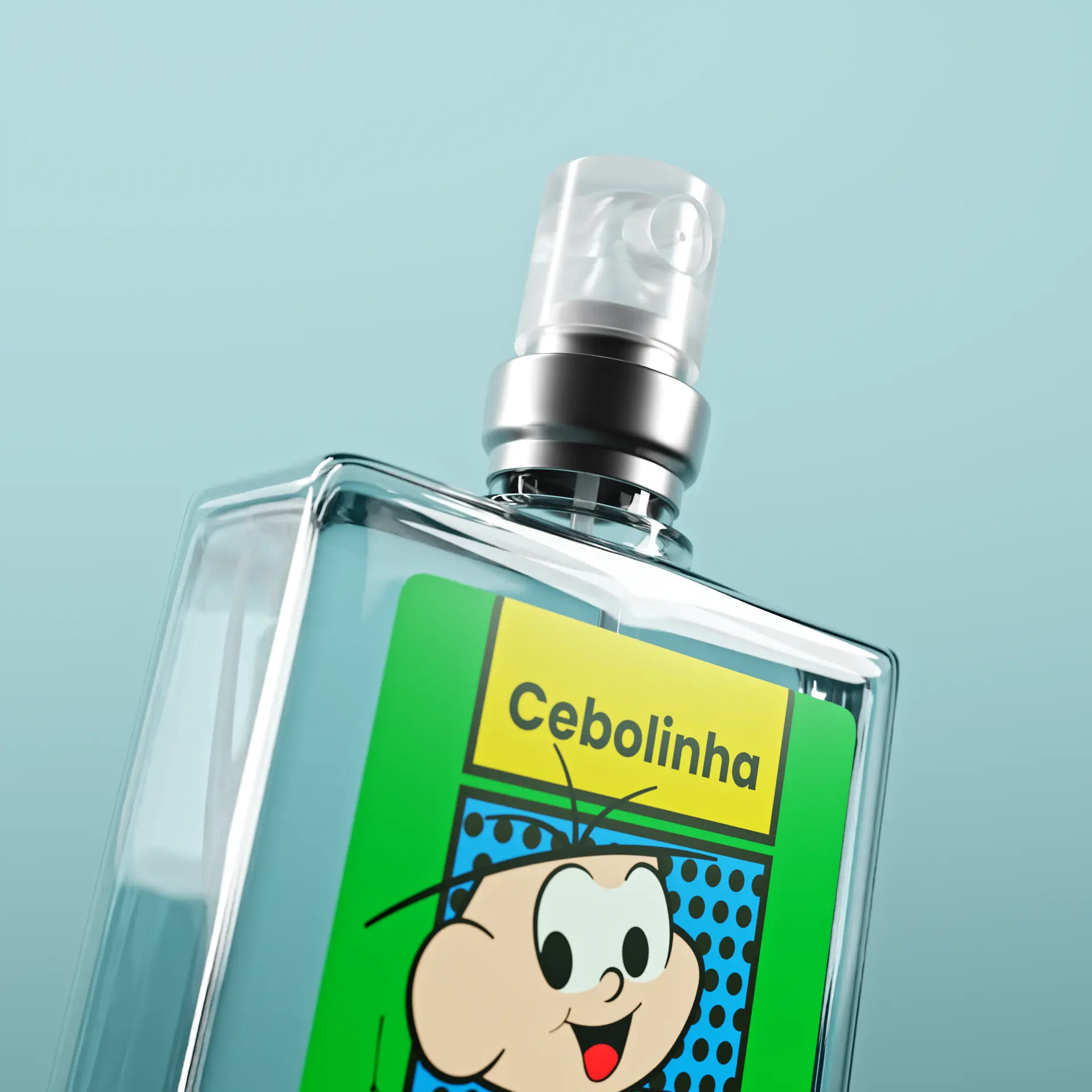 Close do frasco do Cebolinha com rótulo verde