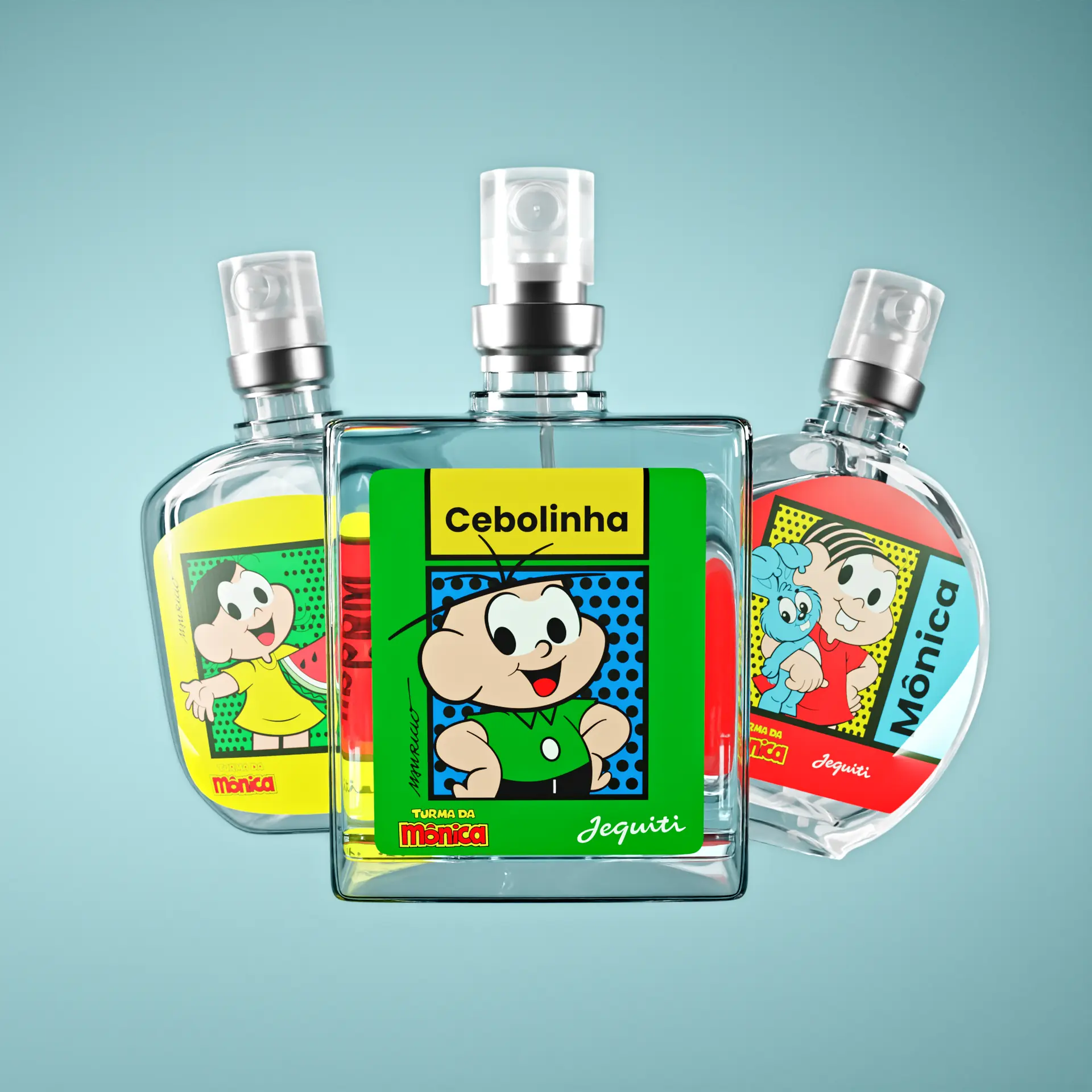 Frascos da Magali, Cebolinha e Mônica agrupados
