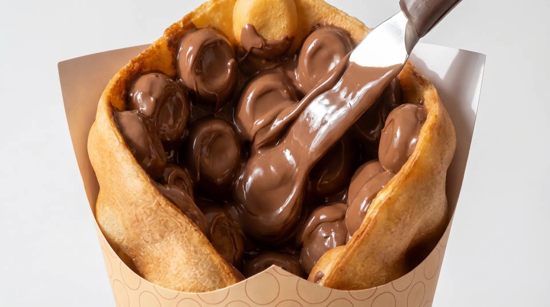 Bubble waffle com calda de chocolate sendo servido com colher