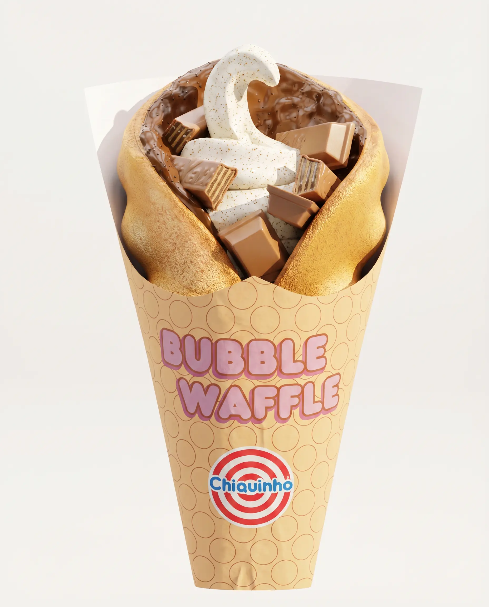 Bubble waffle na embalagem amarela da Chiquinho