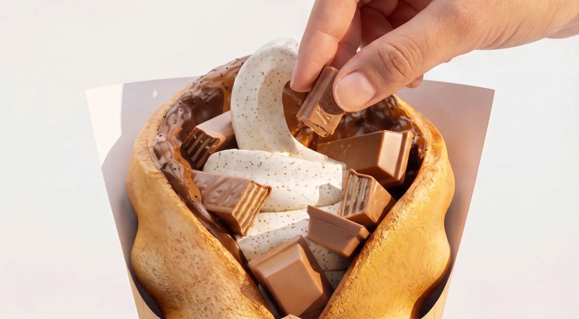 Mão colocando pedaço de chocolate no bubble waffle