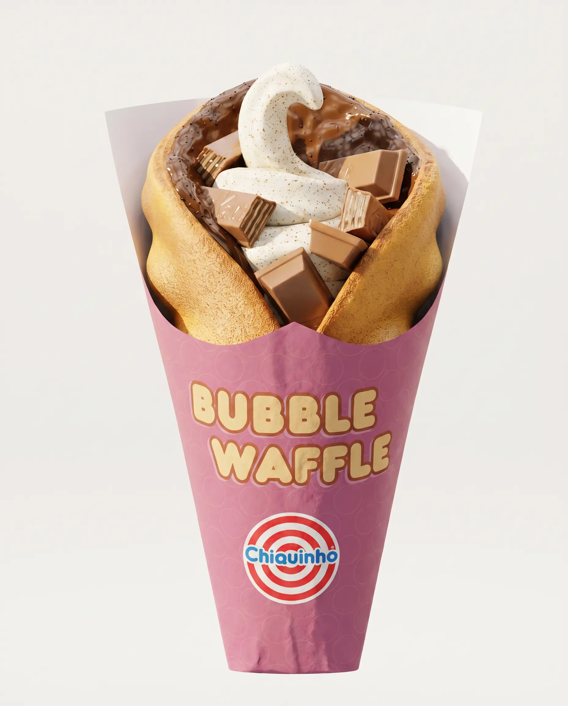 Bubble waffle na embalagem rosa da Chiquinho