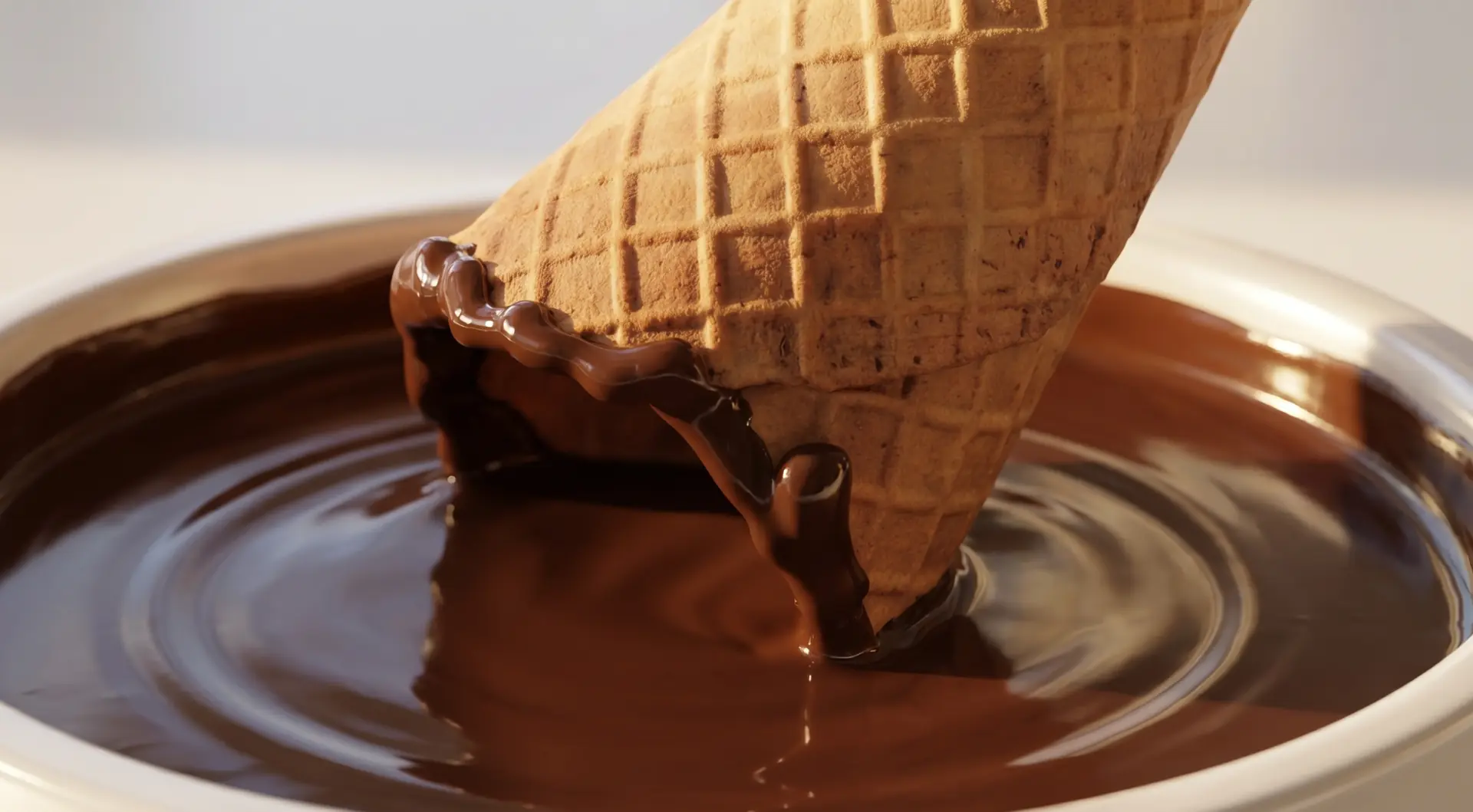 Casquinha mergulhando em chocolate derretido