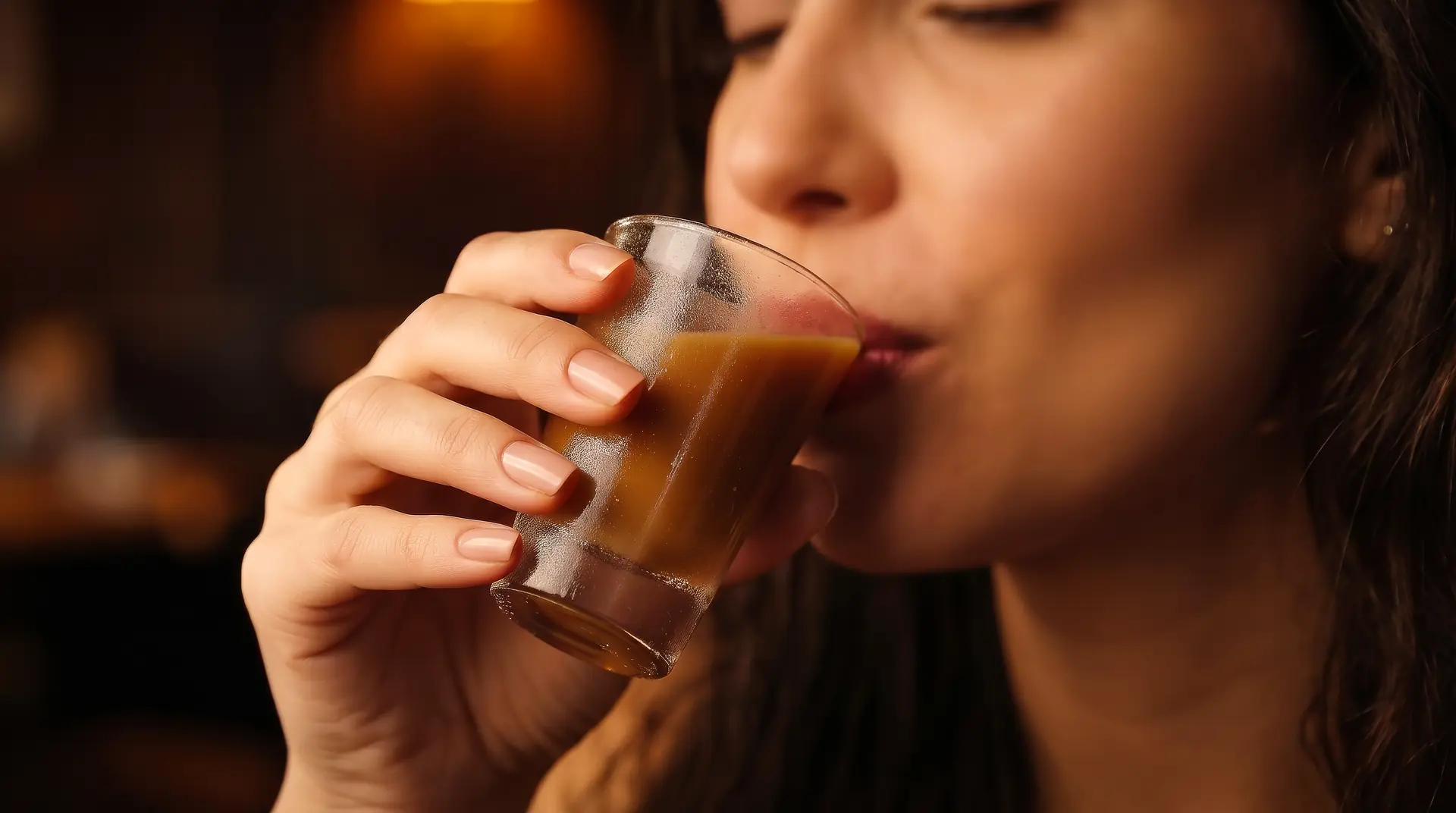 Mulher bebendo uma dose de licor de doce de leite