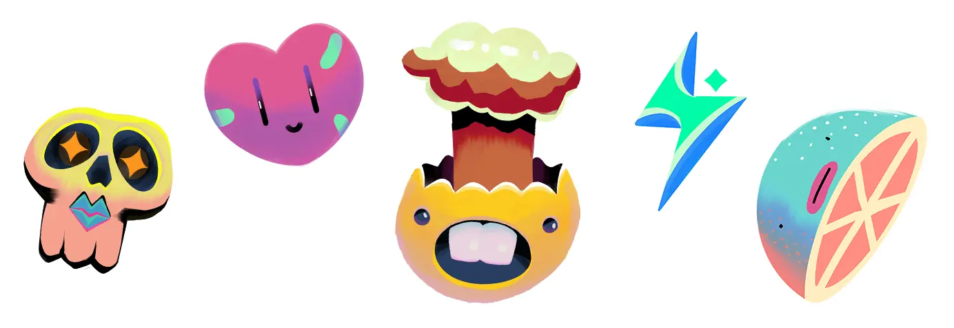 Adesivos cartoon de caveira, coração, cogumelo e raio