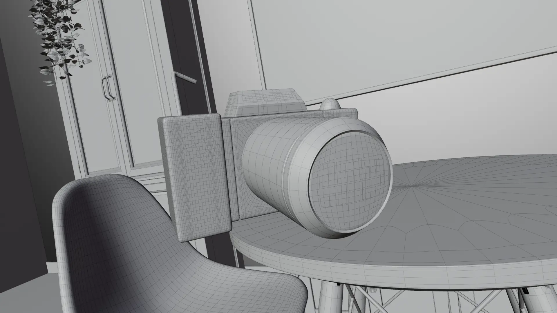 Wireframe da cena com a câmera sobre a mesa