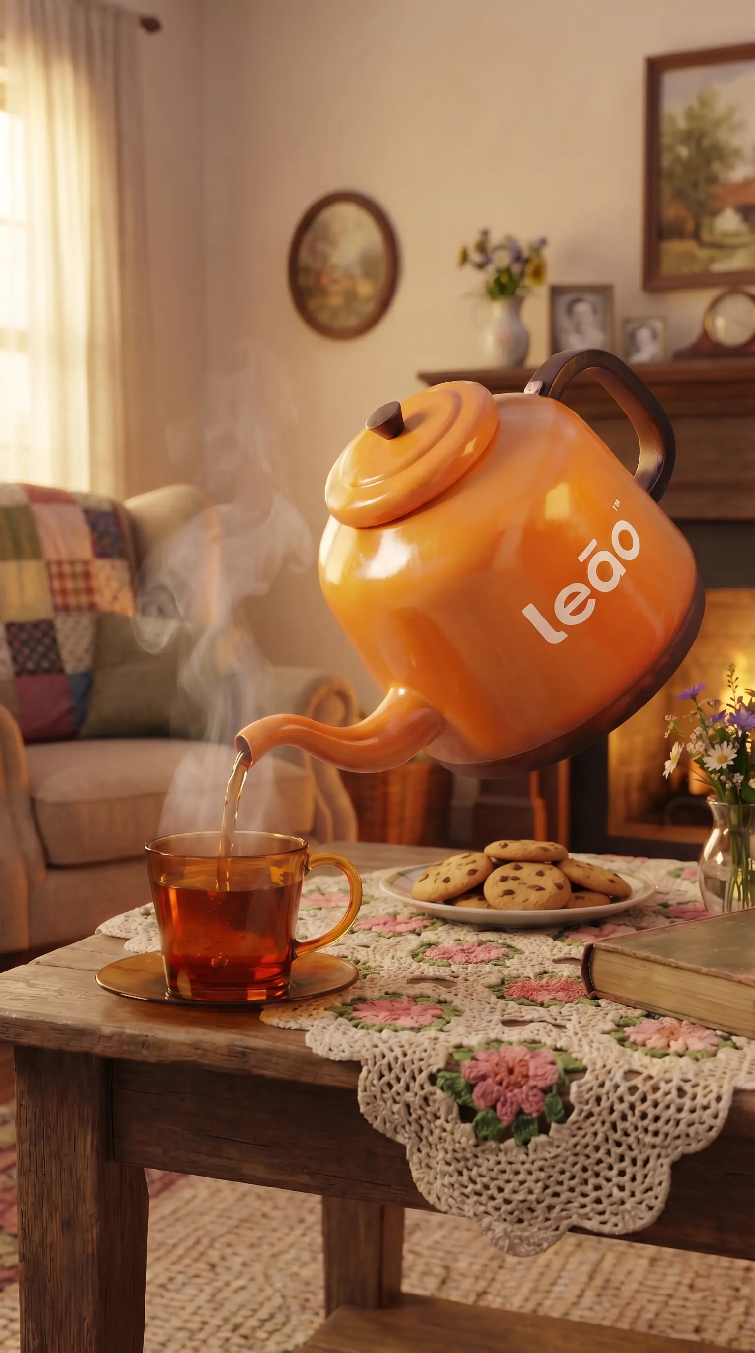 Bule laranja servindo chá em mesa de sala, versão vertical