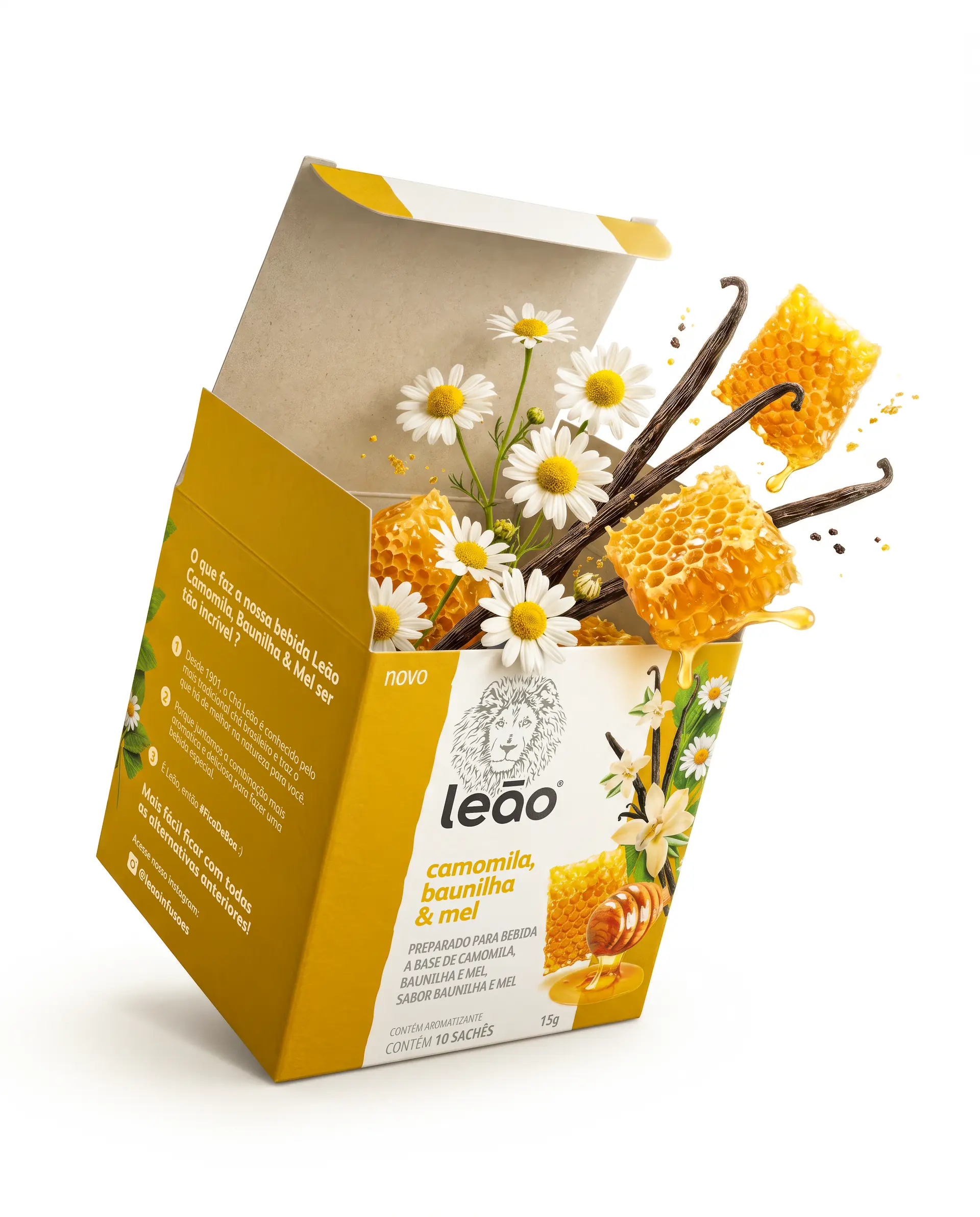 Caixa do chá Leão camomila, baunilha e mel com flores, baunilha e favo de mel