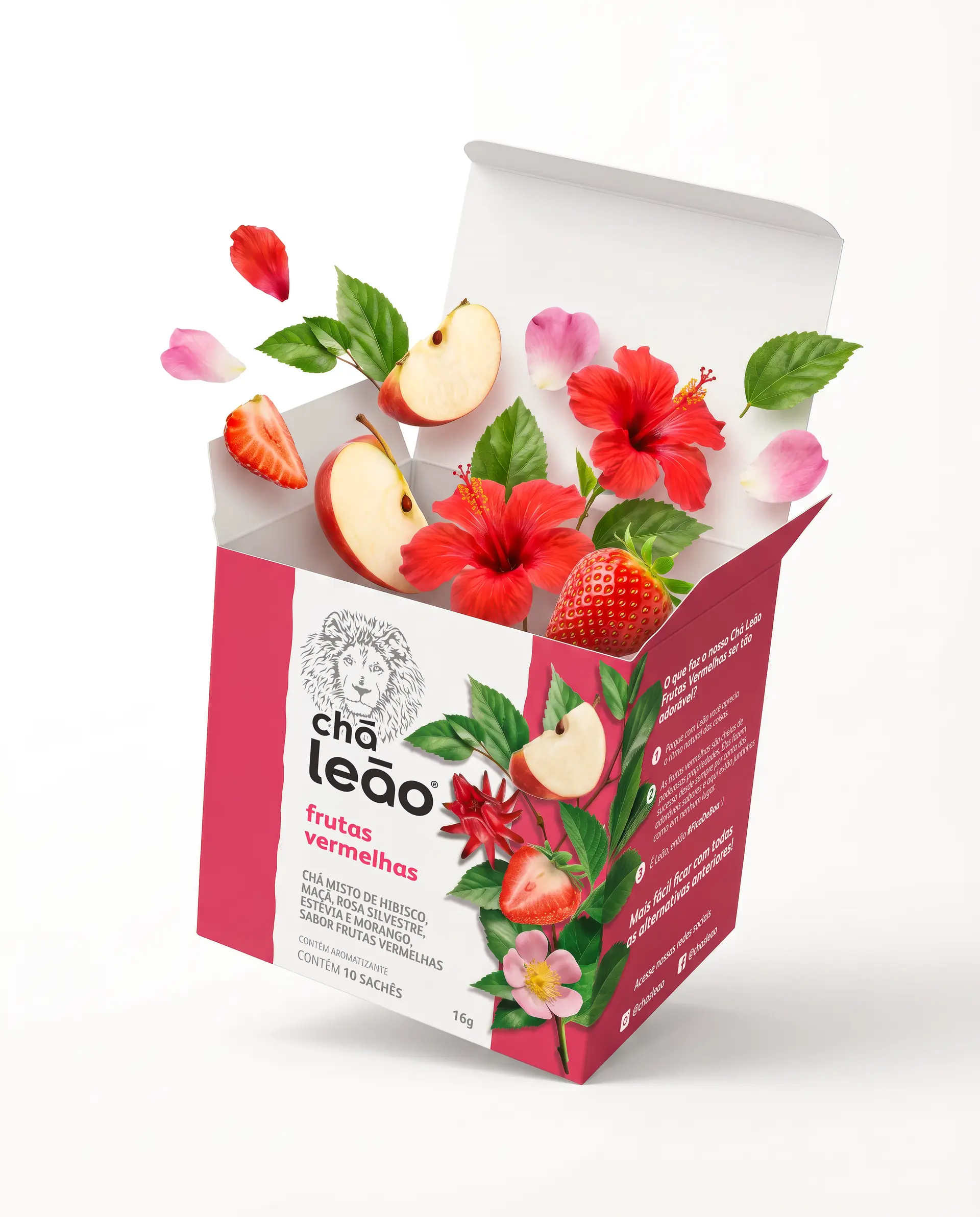 Caixa do chá Leão frutas vermelhas com hibisco, maçã e morango