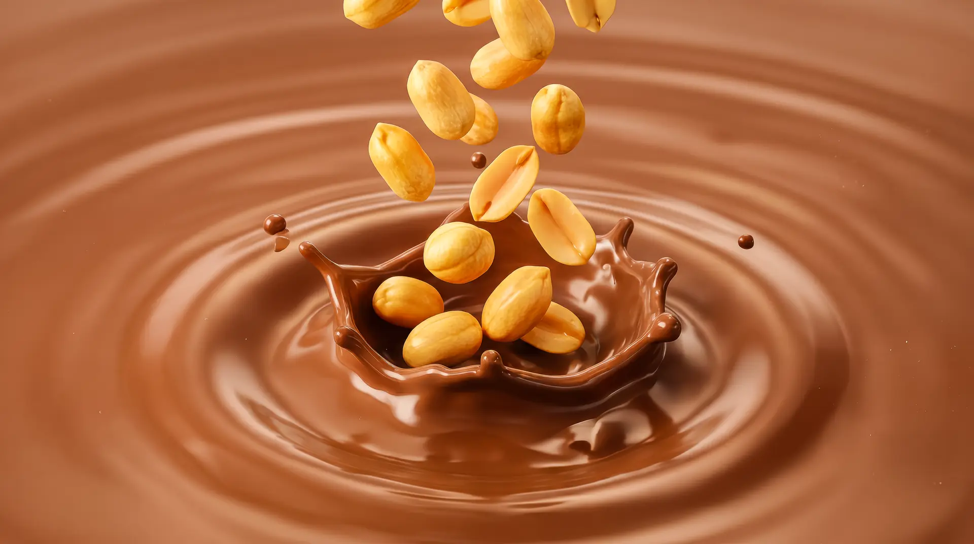 Amendoins caindo em chocolate derretido