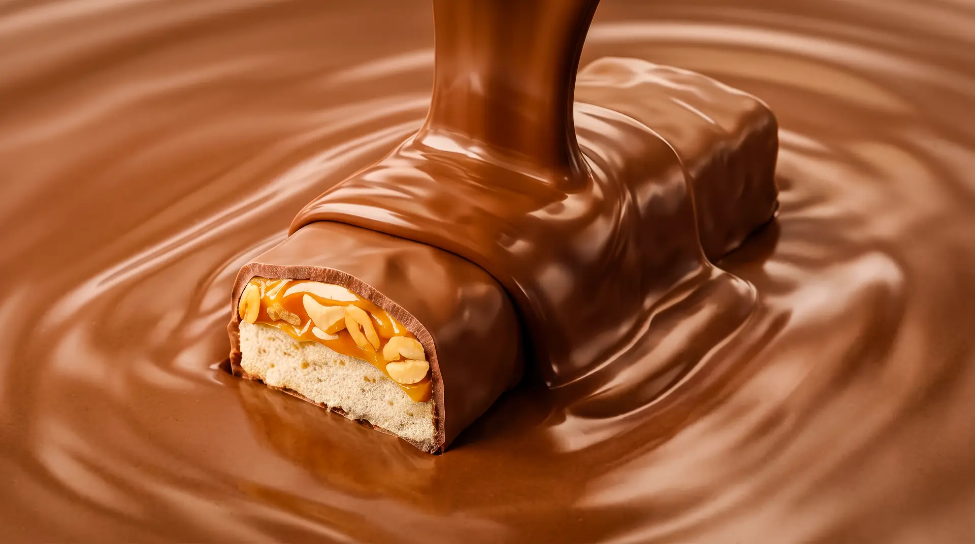 Barra mergulhando em chocolate derretido