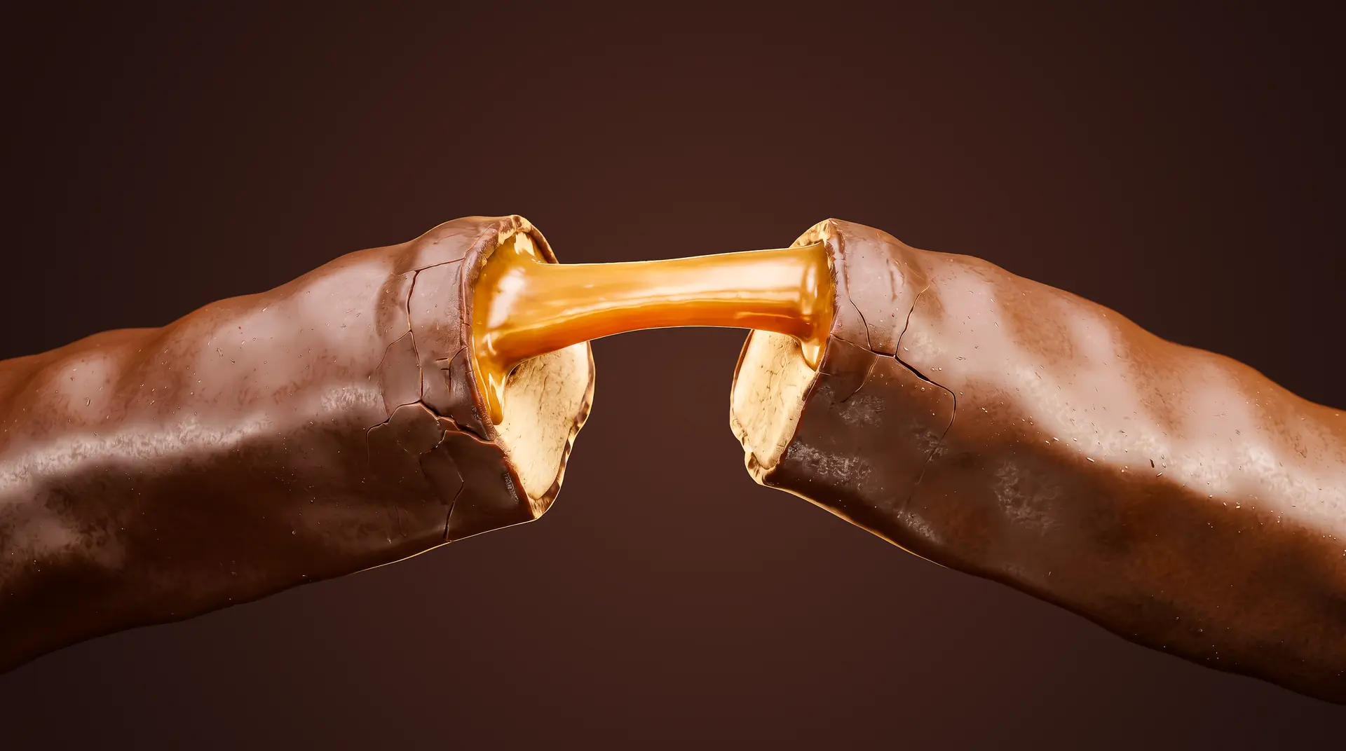 Caramelo esticando entre as duas metades da barra