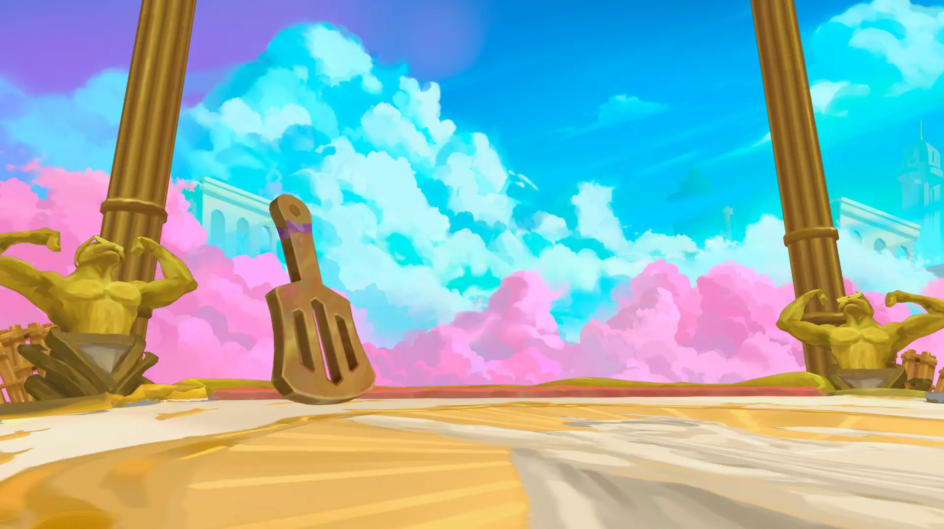 Concept da arena com estátuas douradas, nuvens rosas e o violão do Pengu