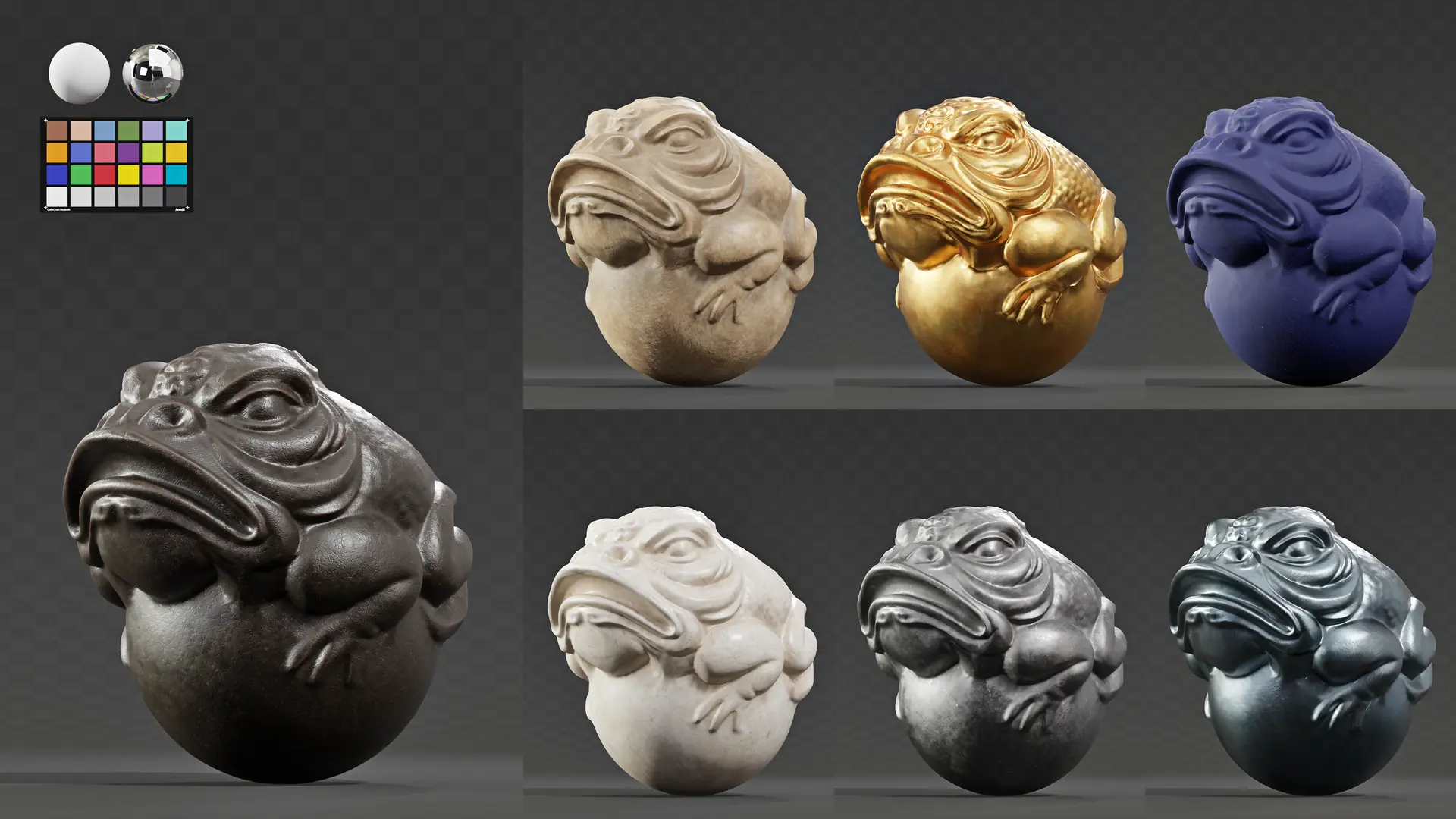 Estatuetas de sapo em ouro, mármore e metal no lookdev em Blender