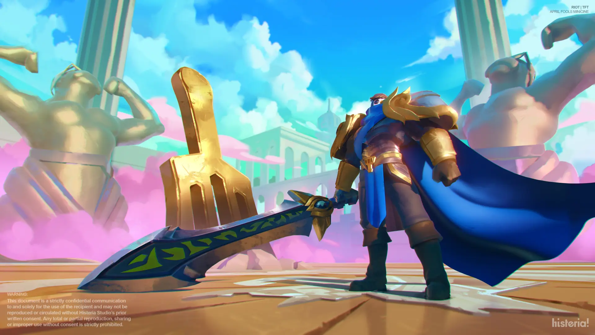 Pengu Garen com a espada na arena de Teamfight Tactics, key art do mini cine 3D
