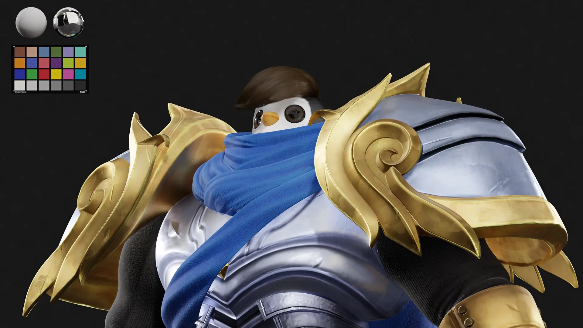 Lookdev da armadura dourada e capa azul do Pengu Garen