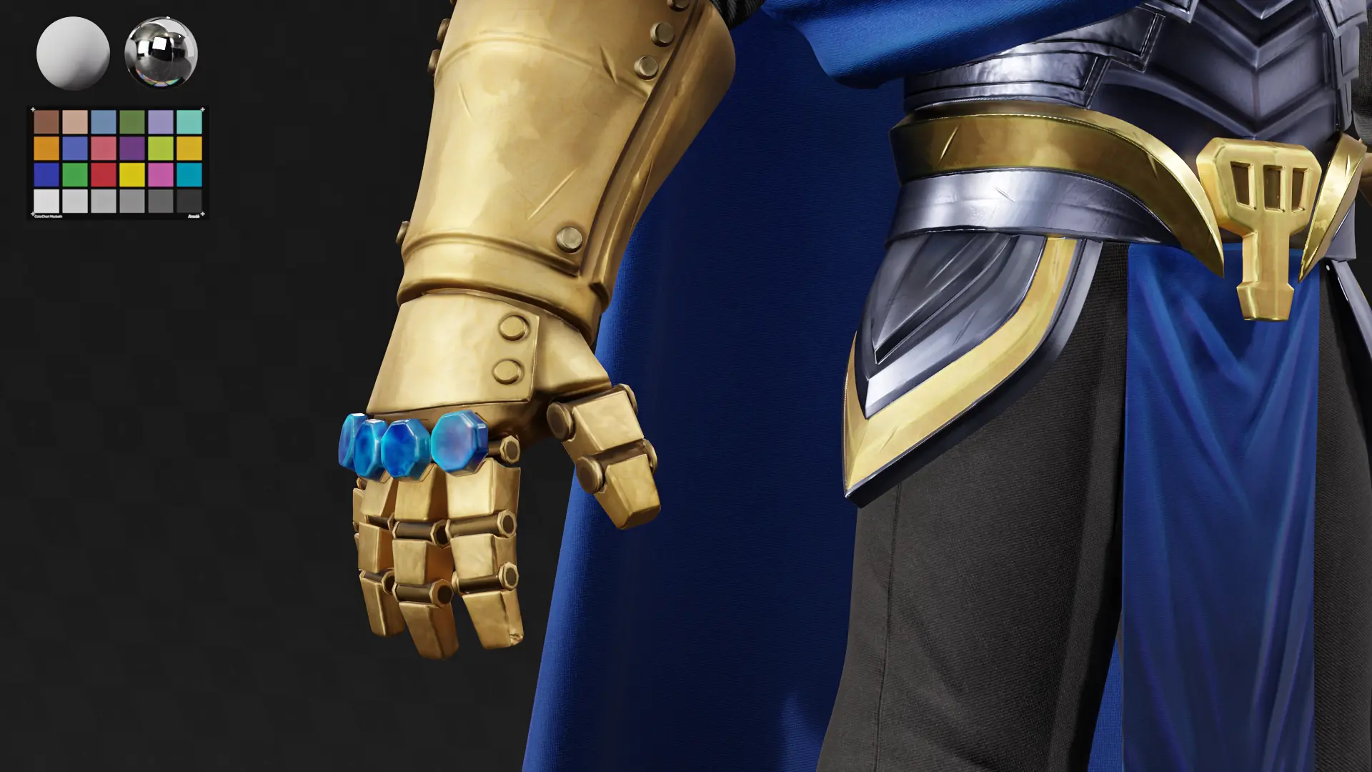 Manopla dourada com gemas azuis em lookdev