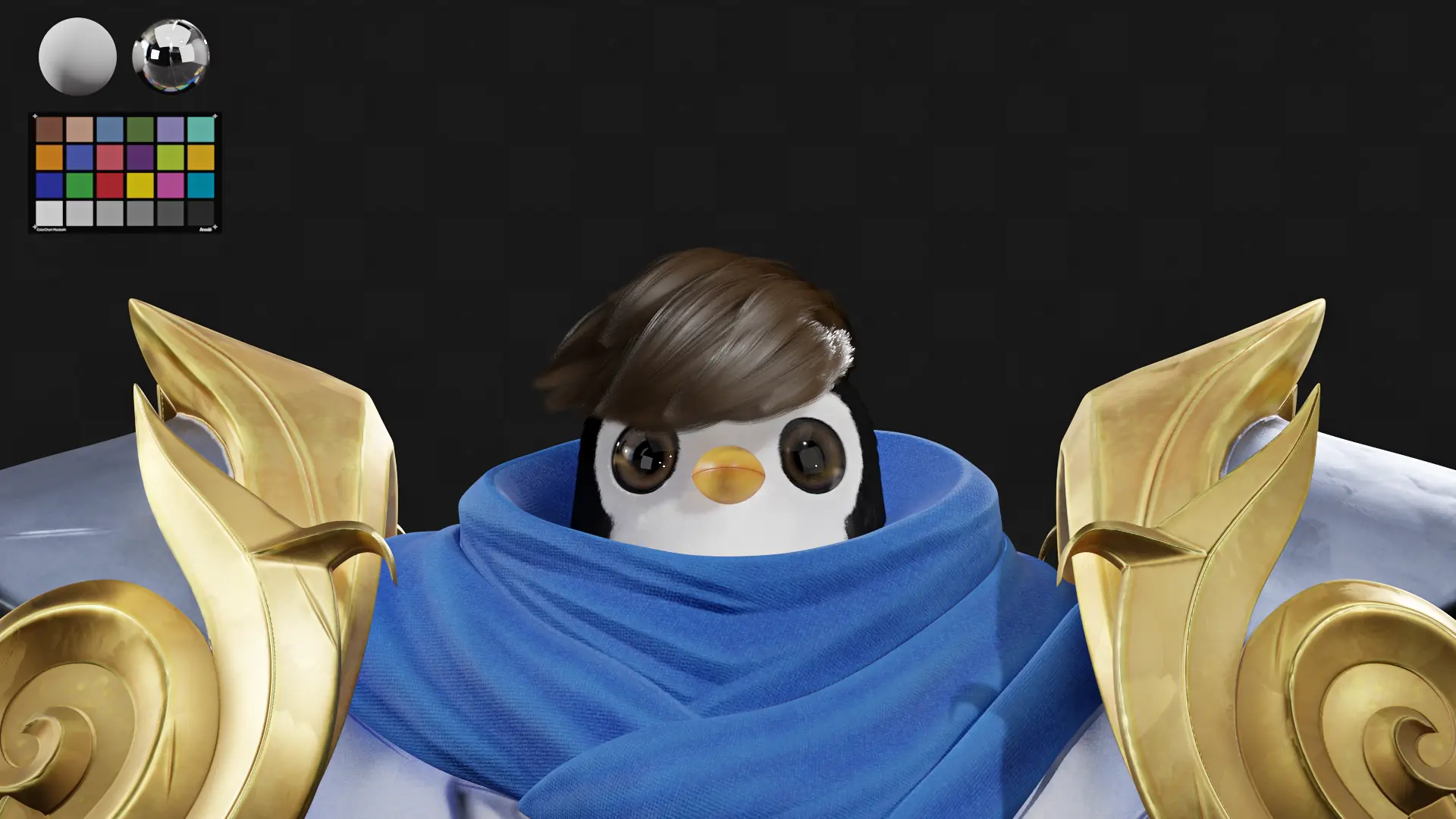Close do rosto do Pengu com capa azul e ombreiras douradas