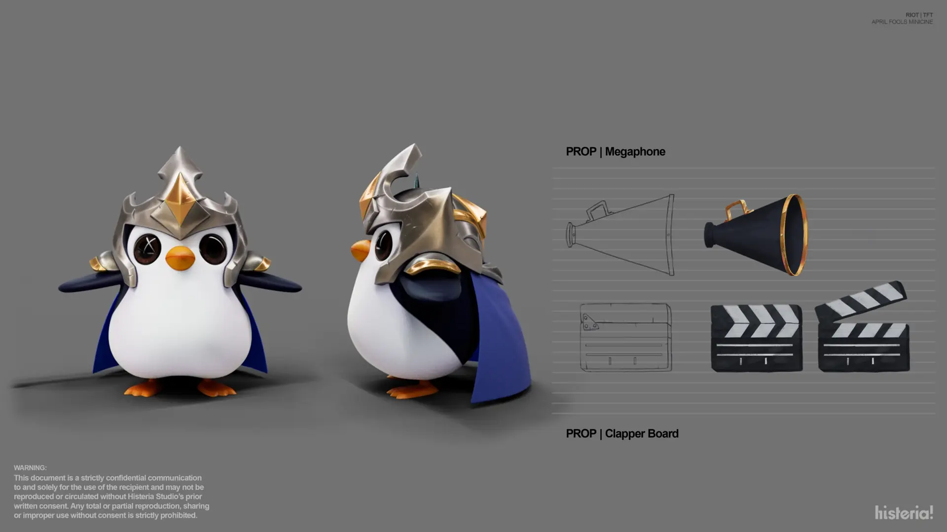 Folha de props com megafone e claquete do Pengu diretor