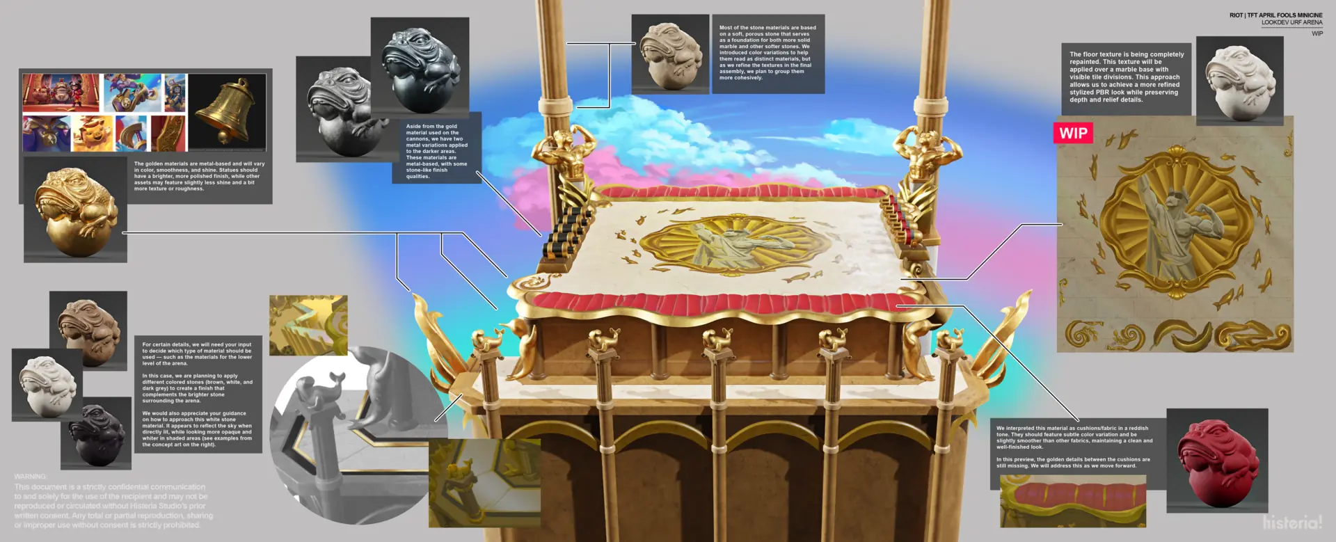 Prancha de set design da arena com referências de estátuas, palco e texturas