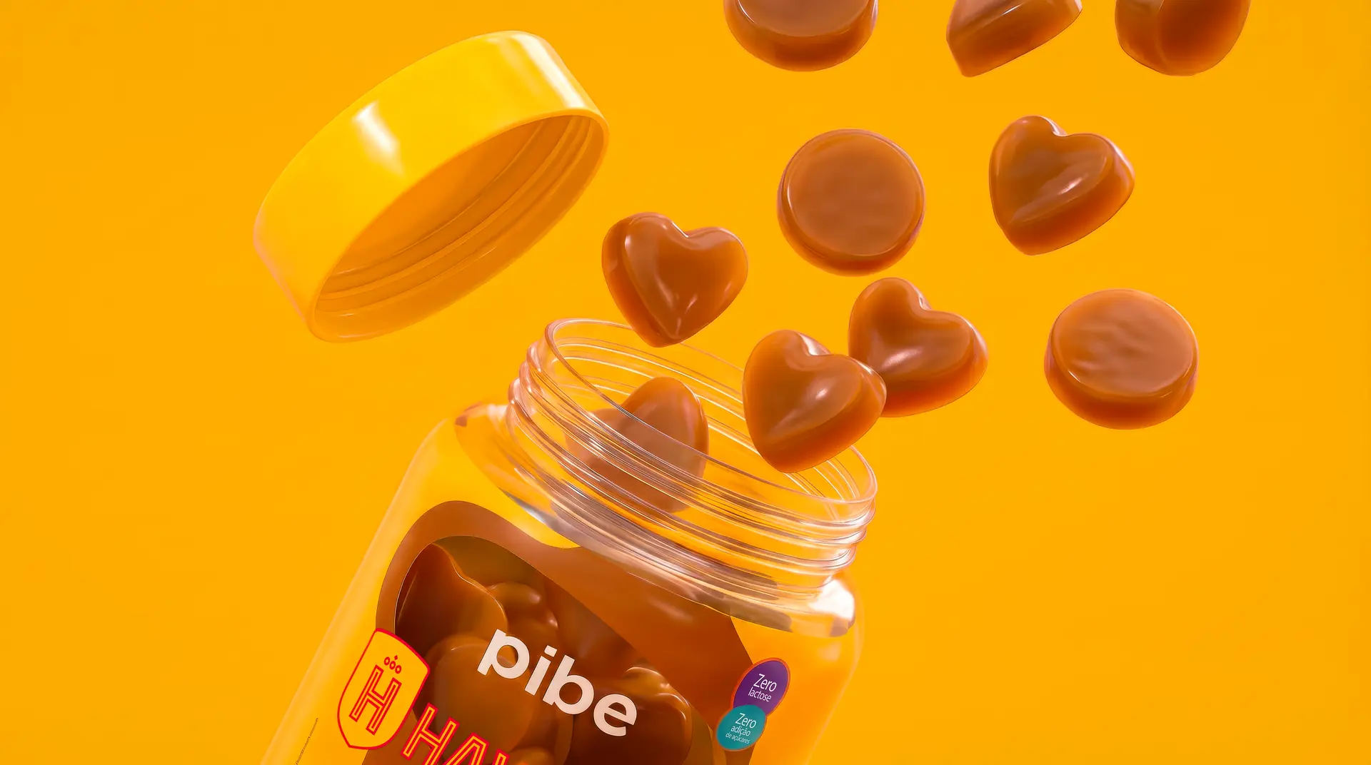 Creatine gummies falling into the Pibe jar on a yellow background