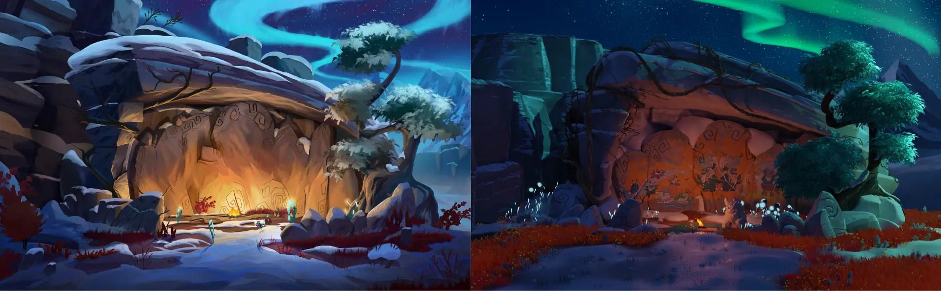 Two 3D Freljord environments with a lit cabin and aurora