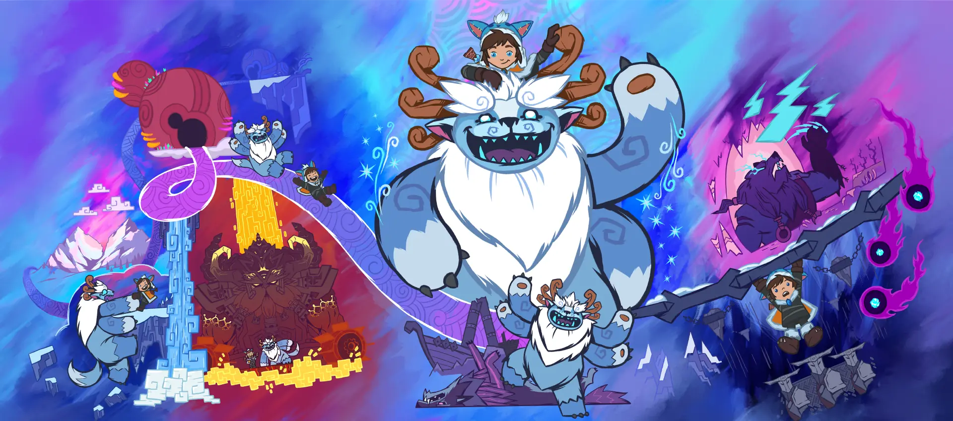 Ilustração de Nunu e Willump em cenário azul e roxo do Freljord