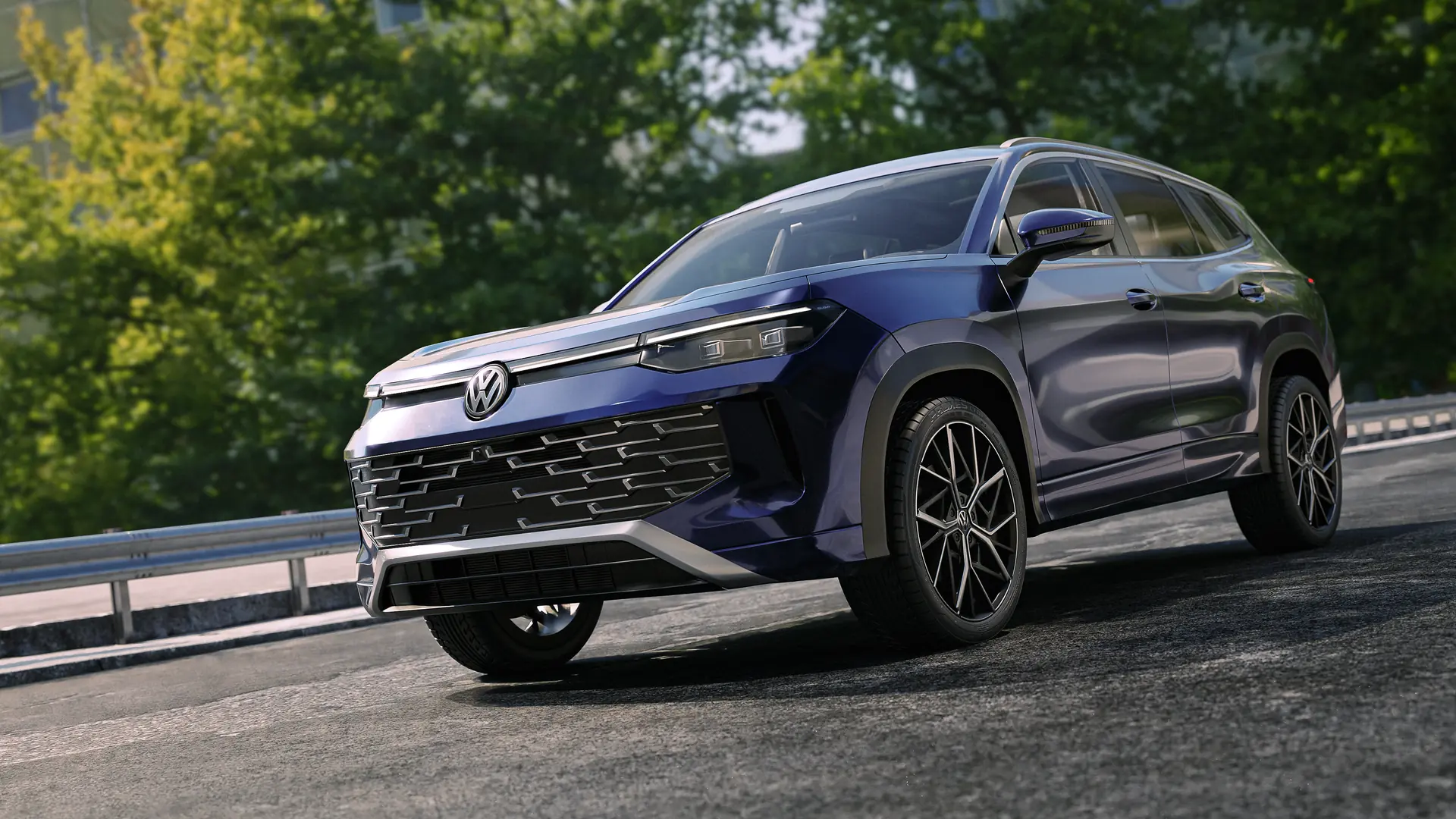 Volkswagen Tayron azul em estrada com árvores ao fundo, render 3D